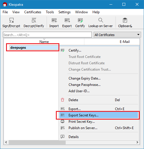 export private and public key in gpgwin